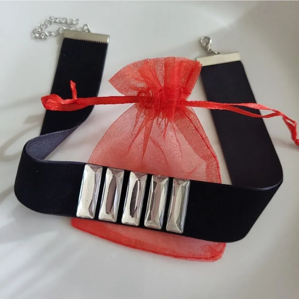 Black Velvet Choker Necklace with Rectangular Faceted Faux Crystals